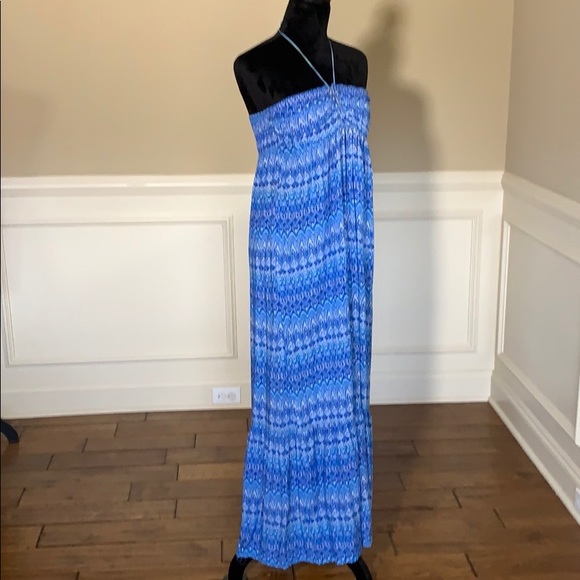 LO Posh Blue Printed Tie at Neck Maxi Dress Size L - Picture 2 of 7